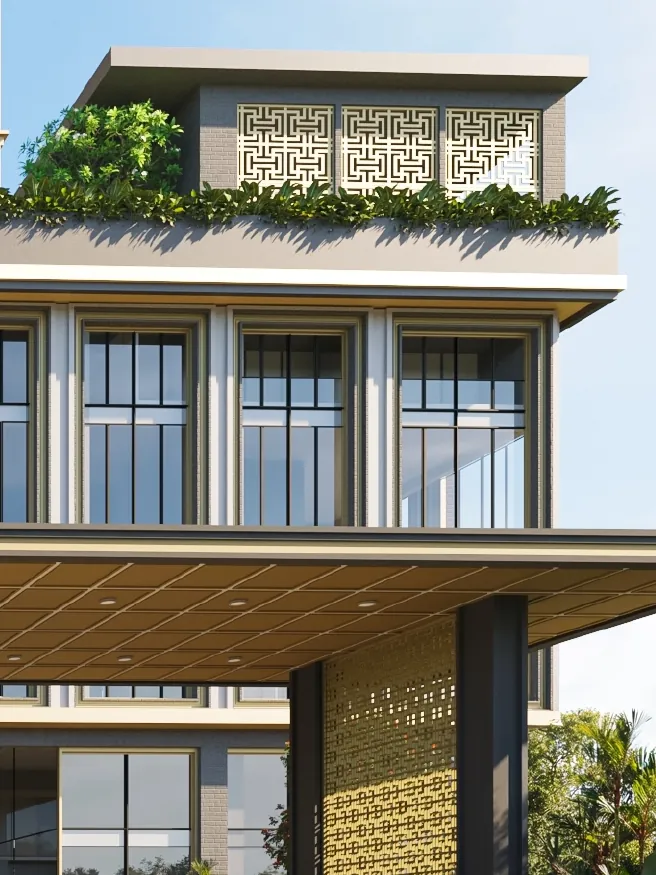 The clubhouse of Godrej Epoque, with gold lattice panels, terraces and gardens