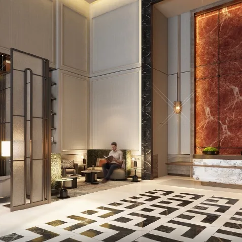The grand lobby of Godrej Epoque, with a marble floor in a geometric pattern