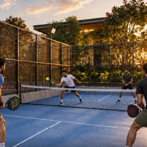 Residents playing pickleball at dusk at Godrej Epoque