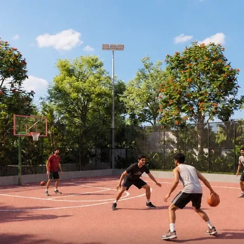 A basketball court among trees at Godrej Epoque