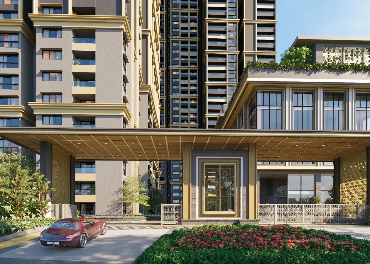 The art deco clubhouse of Godrej Epoque, with gold lattice screens, beneath its tower