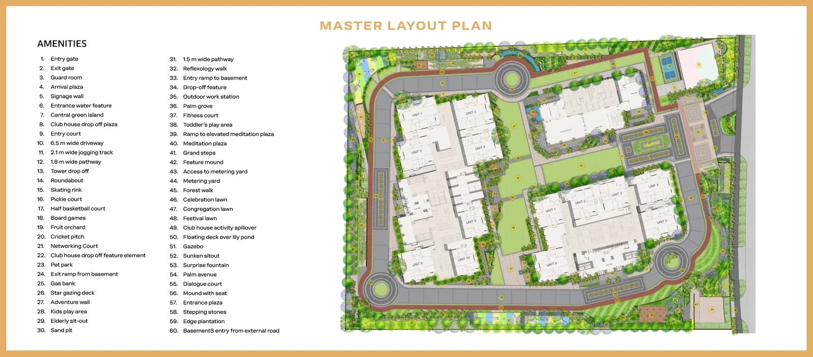 Master layout plan of Godrej Epoque: the two towers, the clubhouse, the courts, lawns and gardens, with a legend of 60 features